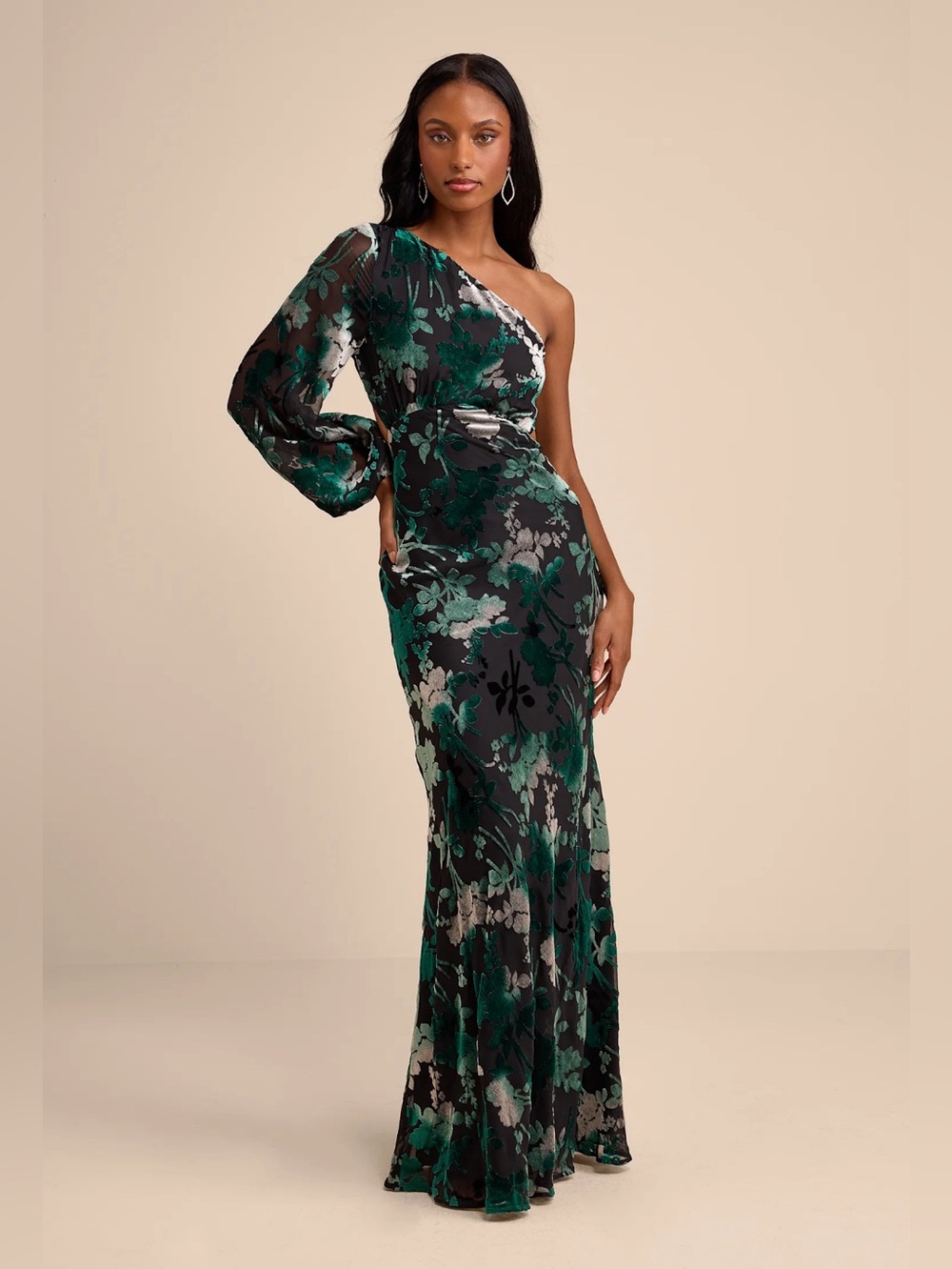 Lulu's One-Shoulder Emerald & Black Floral Evening Gown